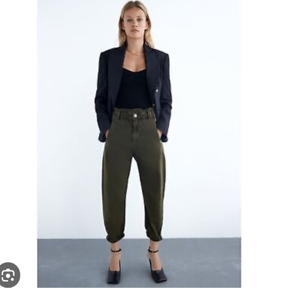 Zara Army Green Paper Bag Jeans